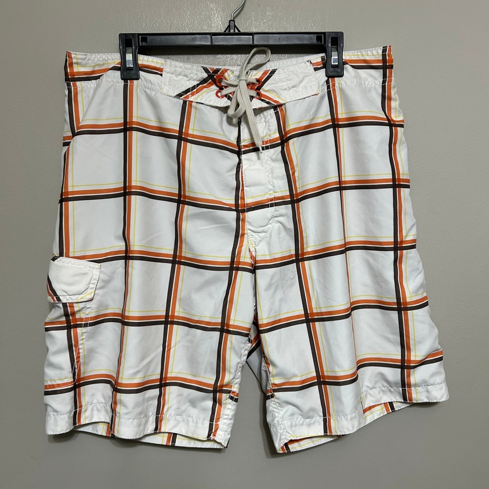 Old Navy Men Swim Trunks L Plaid White Orange Brown Drawstring Resort Swim Beach